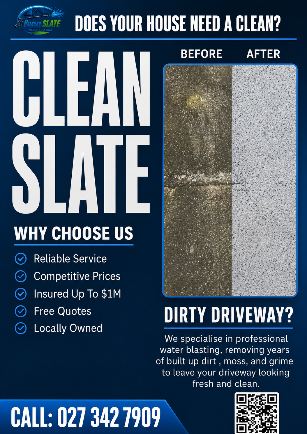 A concrete driveway mid-clean: the left half still dark with moss and grime, the right half blasted back to pale, clean aggregate.
